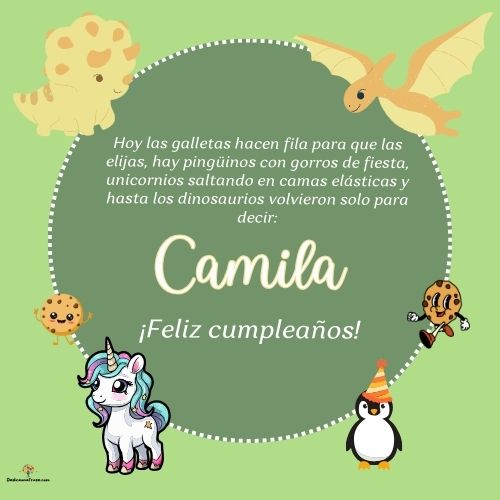 Imagen de feliz cumpleaños para Camila: «Hoy las galletas hacen fila para que las elijas, hay pingüinos con gor…»