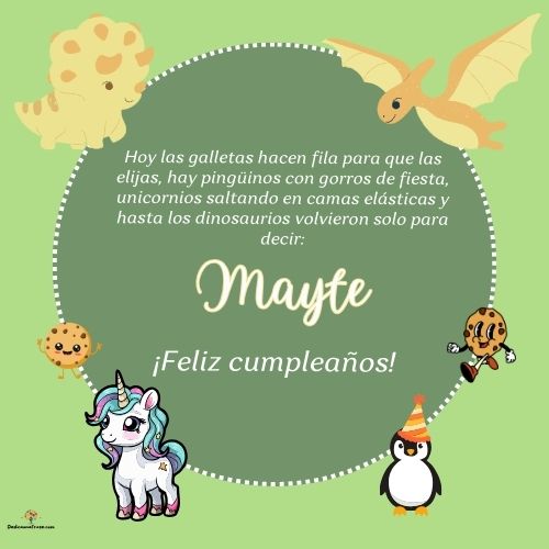 Imagen de feliz cumpleaños para Mayte: «Hoy las galletas hacen fila para que las elijas, hay pingüinos con gor…»